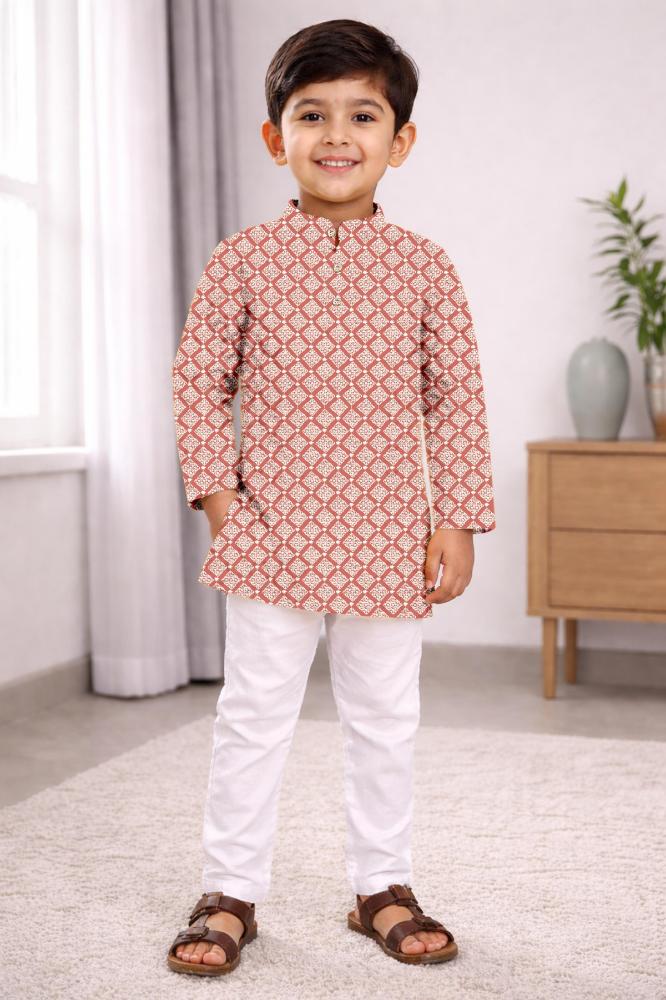 Neera Trendz Peach Cotton Thread Embroidery Kid's Kurta Pajama | Grocsy