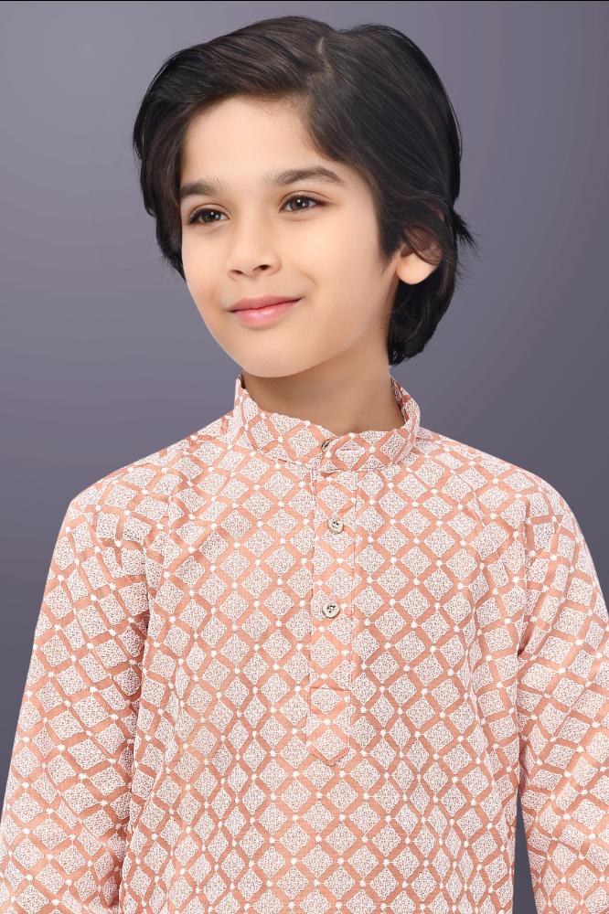 Neera Trendz Peach Cotton Thread Embroidery Kid's Kurta Pajama | Grocsy