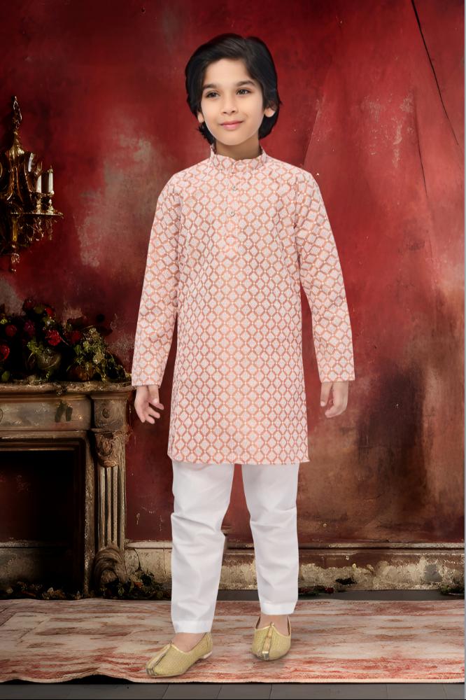 Neera Trendz Peach Cotton Thread Embroidery Kid's Kurta Pajama | Grocsy