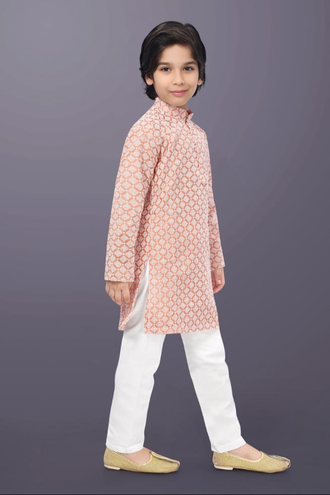 Neera Trendz Peach Cotton Thread Embroidery Kid's Kurta Pajama | Grocsy