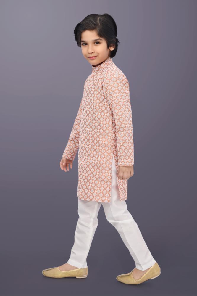 Neera Trendz Peach Cotton Thread Embroidery Kid's Kurta Pajama | Grocsy