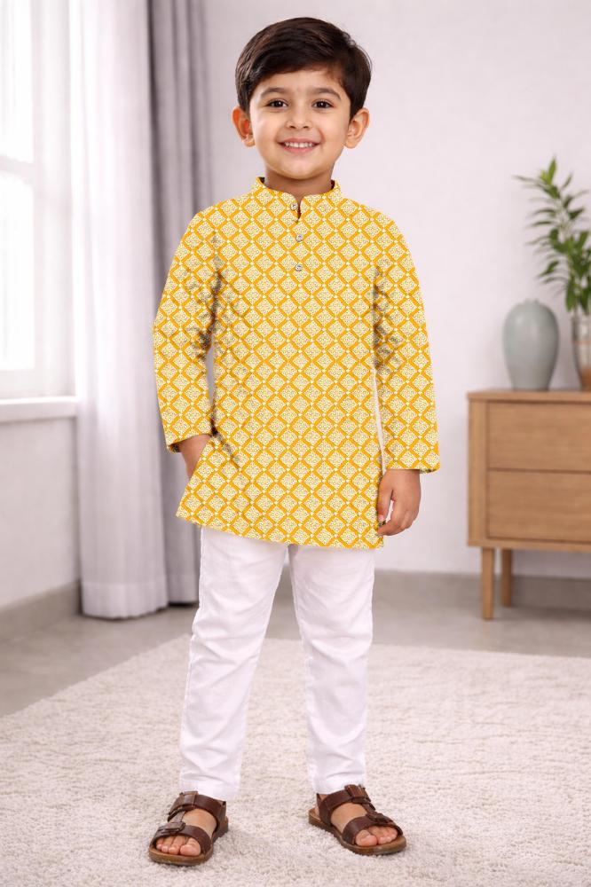 Neera Trendz Yellow Cotton Thread Embroidery Kid's Kurta Pajama | Grocsy