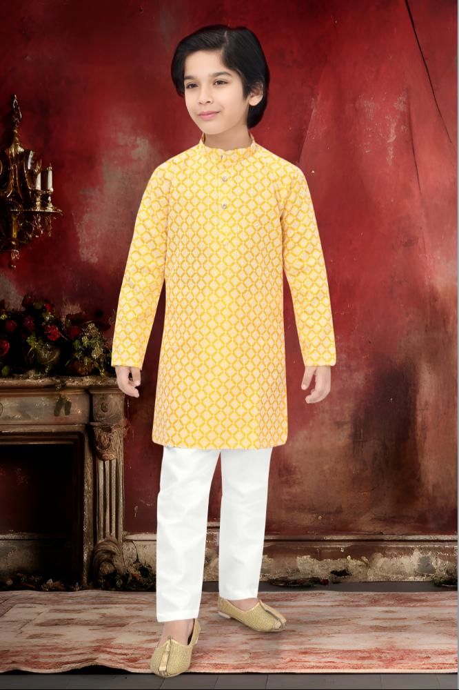 Neera Trendz Yellow Cotton Thread Embroidery Kid's Kurta Pajama | Grocsy