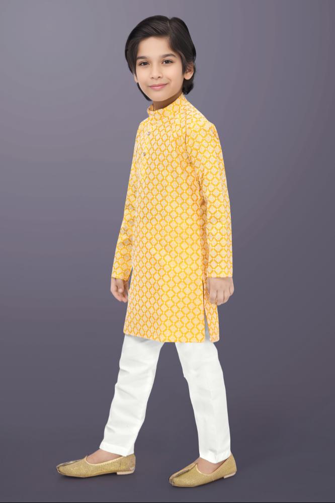 Neera Trendz Yellow Cotton Thread Embroidery Kid's Kurta Pajama | Grocsy