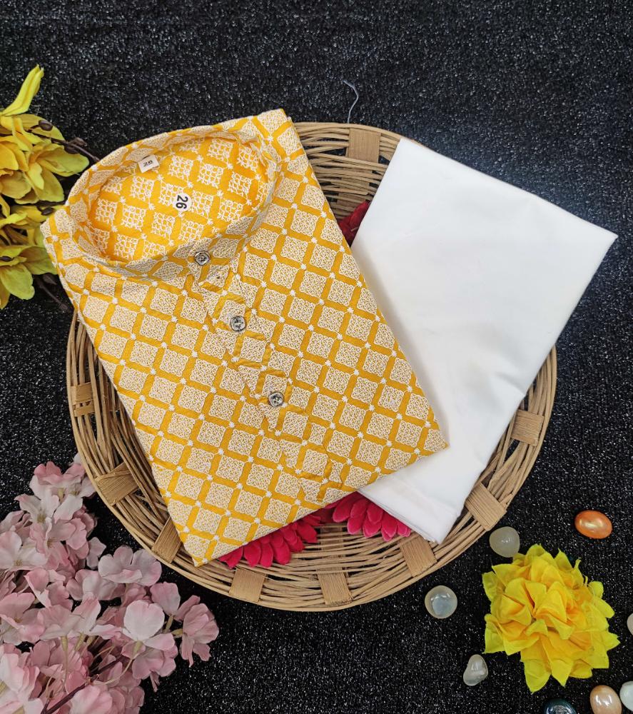 Neera Trendz Yellow Cotton Thread Embroidery Kid's Kurta Pajama | Grocsy