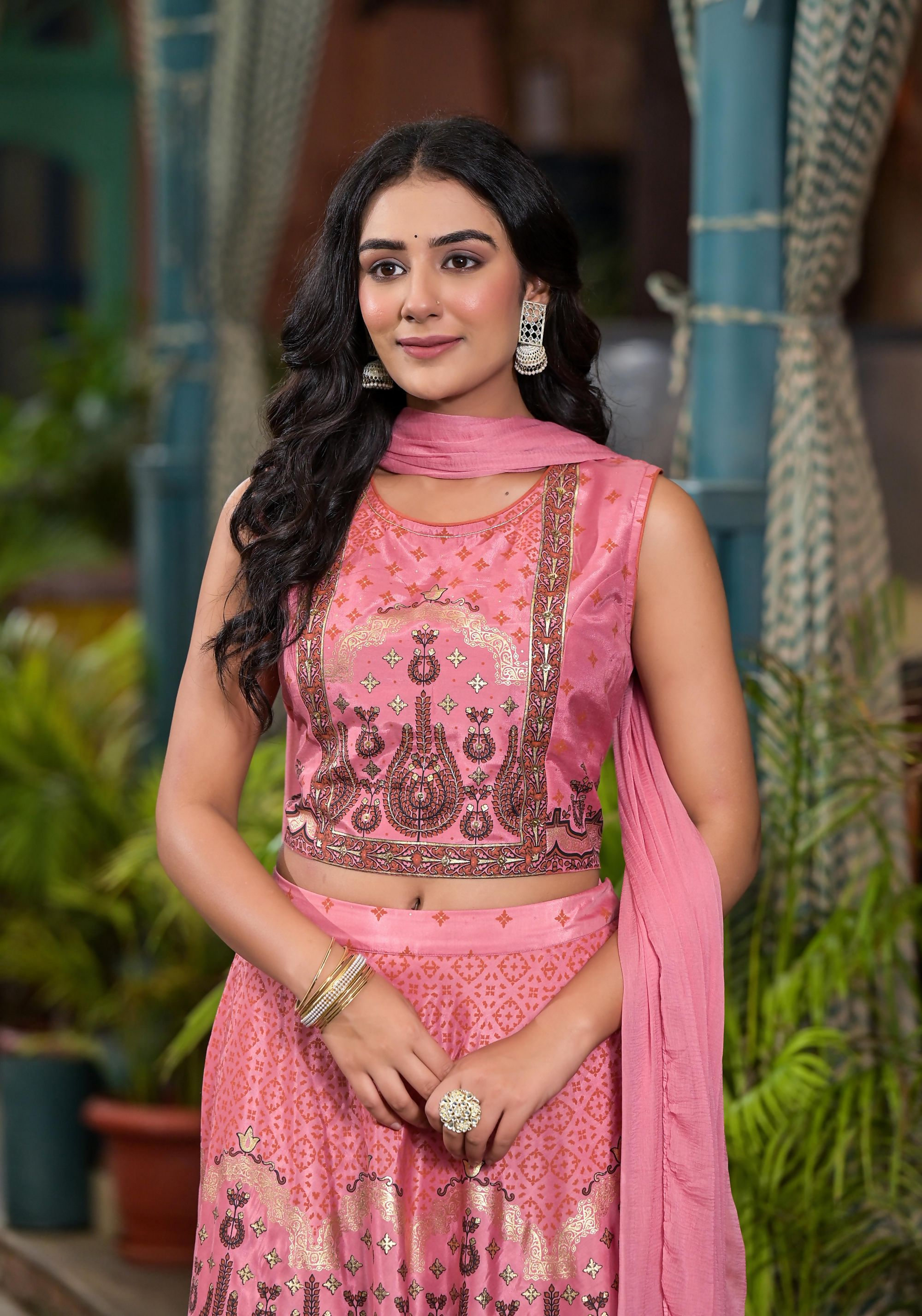 Juniper Women's Pink Ethnic Motif Printed Lehenga Set With Sequins & Gota Patti | Grocsy