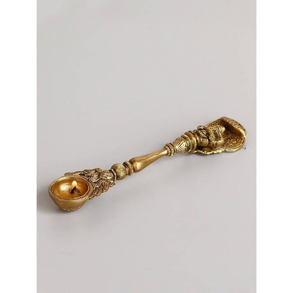 eCraftIndia Gold-Toned Ethnic Carved Brass Long Stick Diya with 1 Wick for Pooja Room | Grocsy