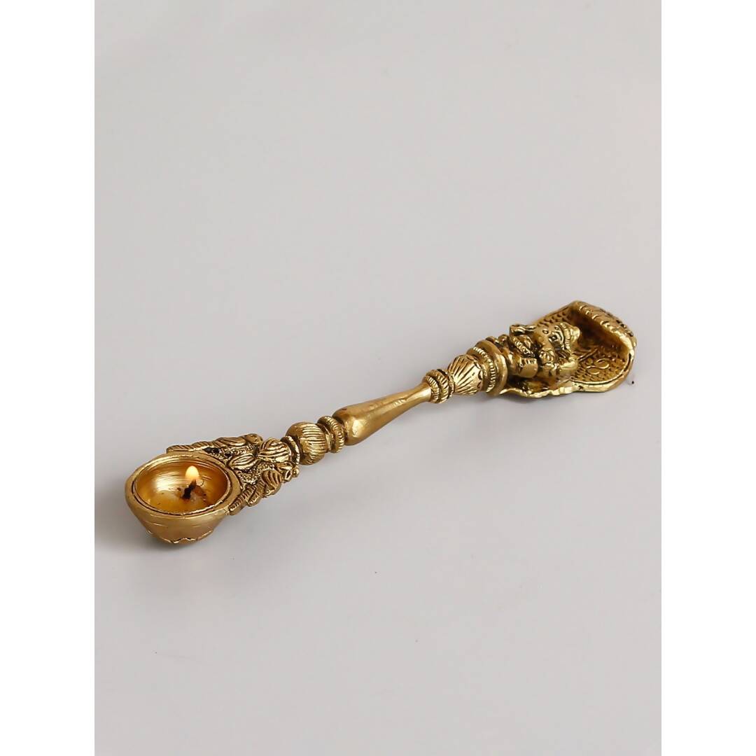 eCraftIndia Gold-Toned Ethnic Carved Brass Long Stick Diya with 1 Wick for Pooja Room | Grocsy
