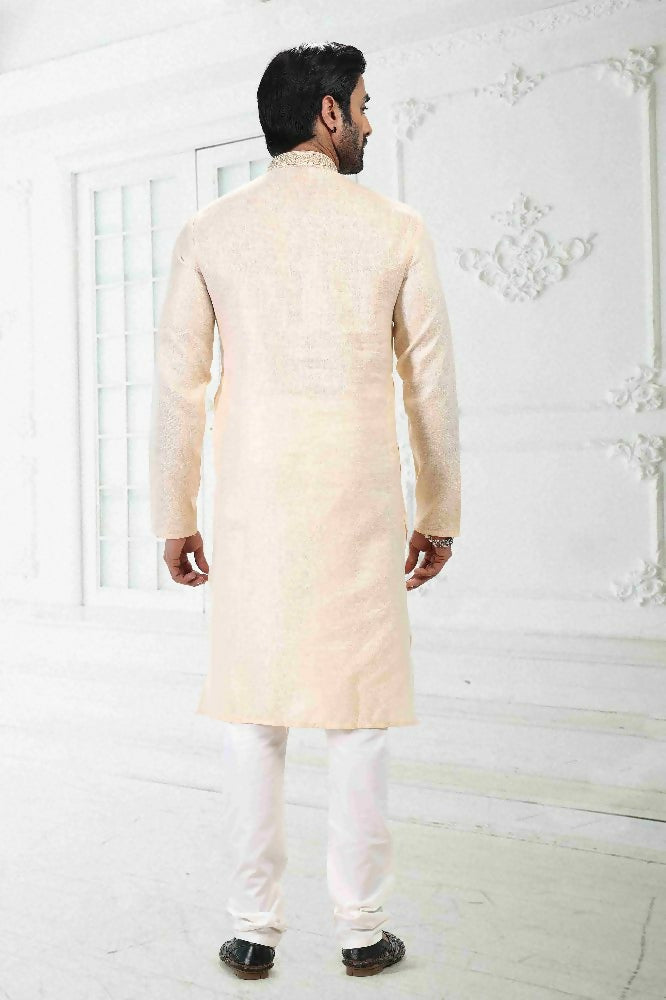 Raivat Ethnic Linen Cotton Thread Work Kurta Pajama In Beige Colour | Grocsy