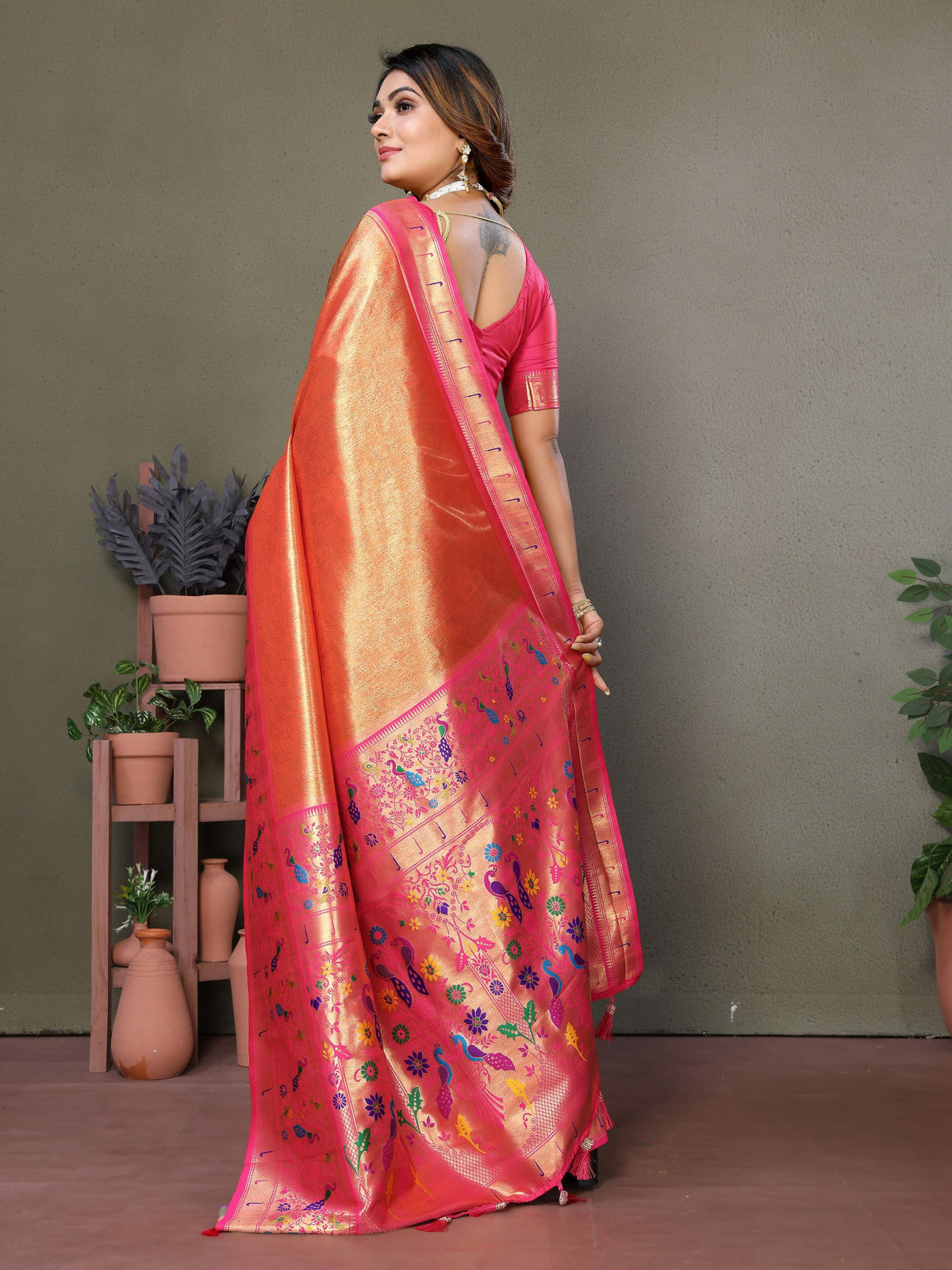 Aastha Fashion Orange Tissue Silk Paithani Woven Saree | Grocsy
