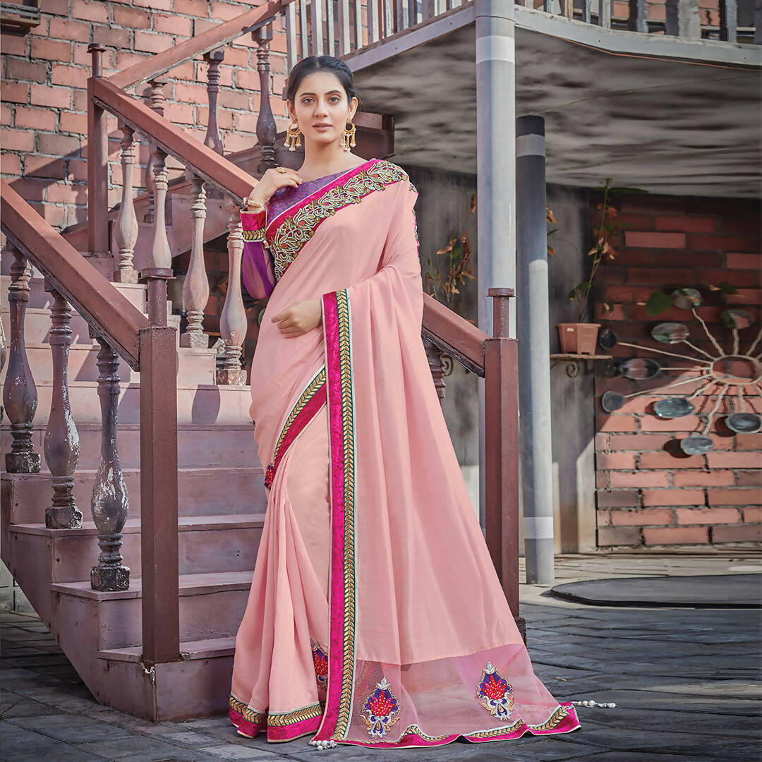 Pink Colored Silk Georgette Embroidered Saree With Blouse - Norita Royal Adveka | Grocsy