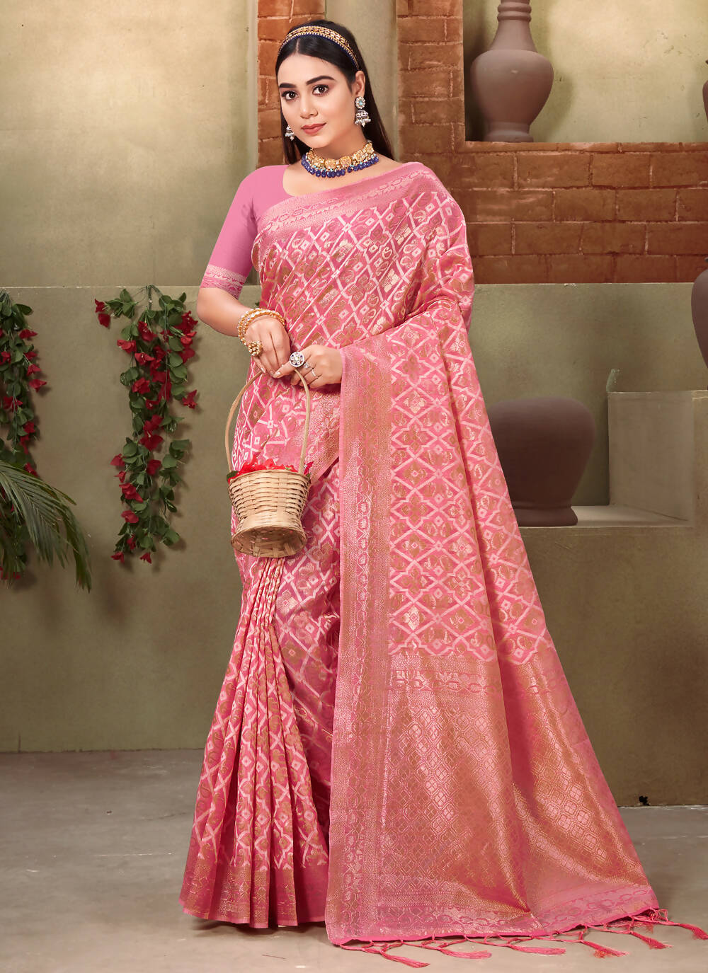 Pink Cotton Zari Woven Design Saree with Unstitched Blouse Piece - Aachal | Grocsy