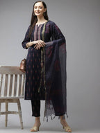 Yufta Women Navy Blue Ethnic Motifs Printed Regular Thread Work Kurta with Palazzo & With Dupatta | Grocsy