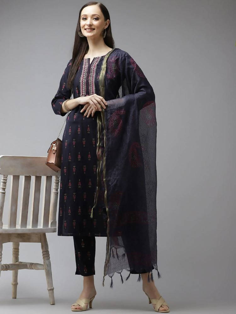 Yufta Women Navy Blue Ethnic Motifs Printed Regular Thread Work Kurta with Palazzo & With Dupatta | Grocsy