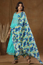 Kaajh Women's Turquoise Floral Print Anarkali Suit Set | Grocsy