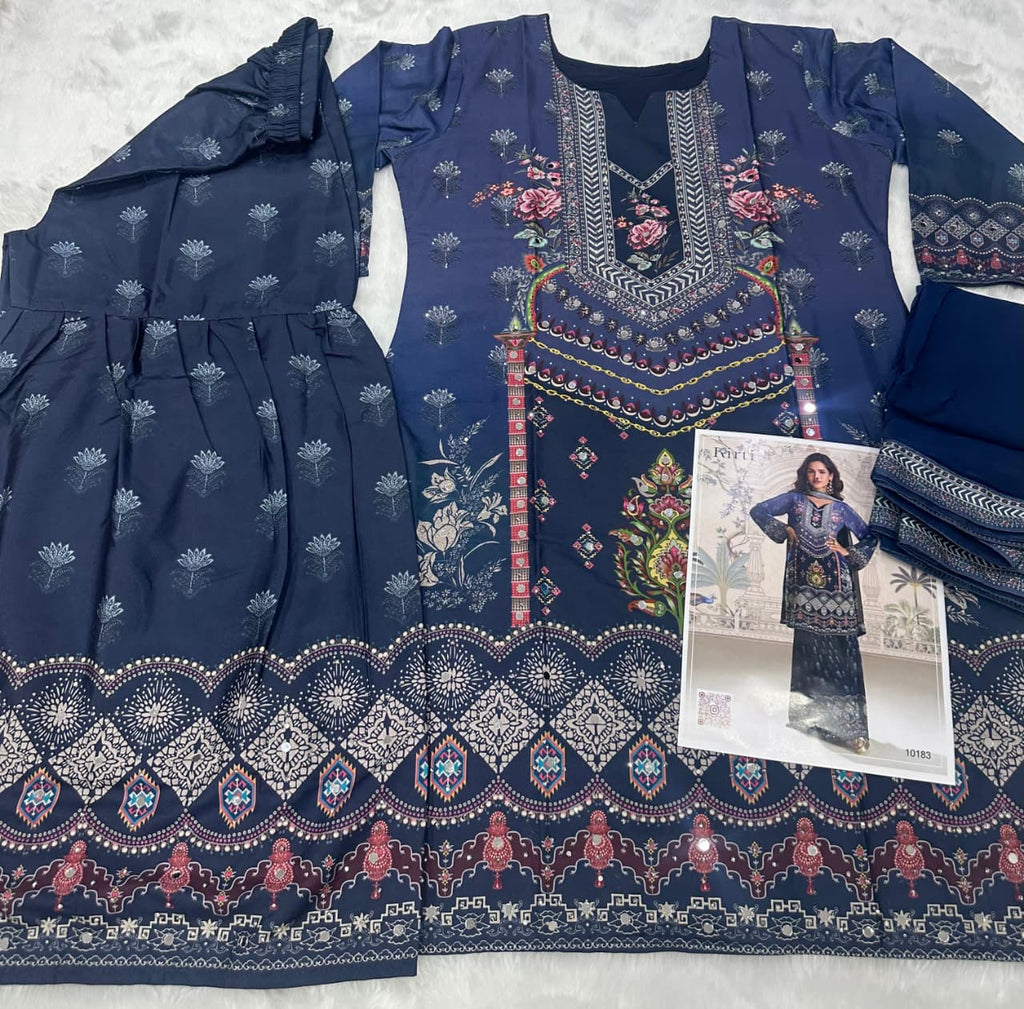 Aarshi Fashions navy Blue Heavy Crepe Digital Print Full Stitched Palazzo Suits | Grocsy