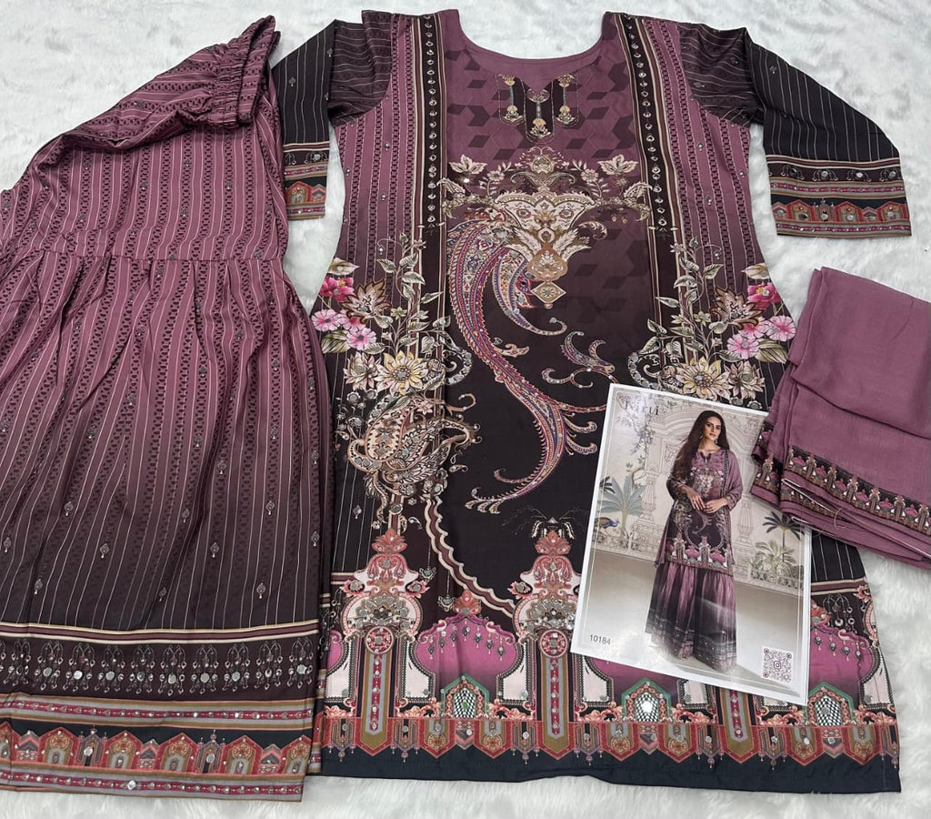 Aarshi Fashions Lilac Heavy Crepe Digital Print Full Stitched Palazzo Suits | Grocsy