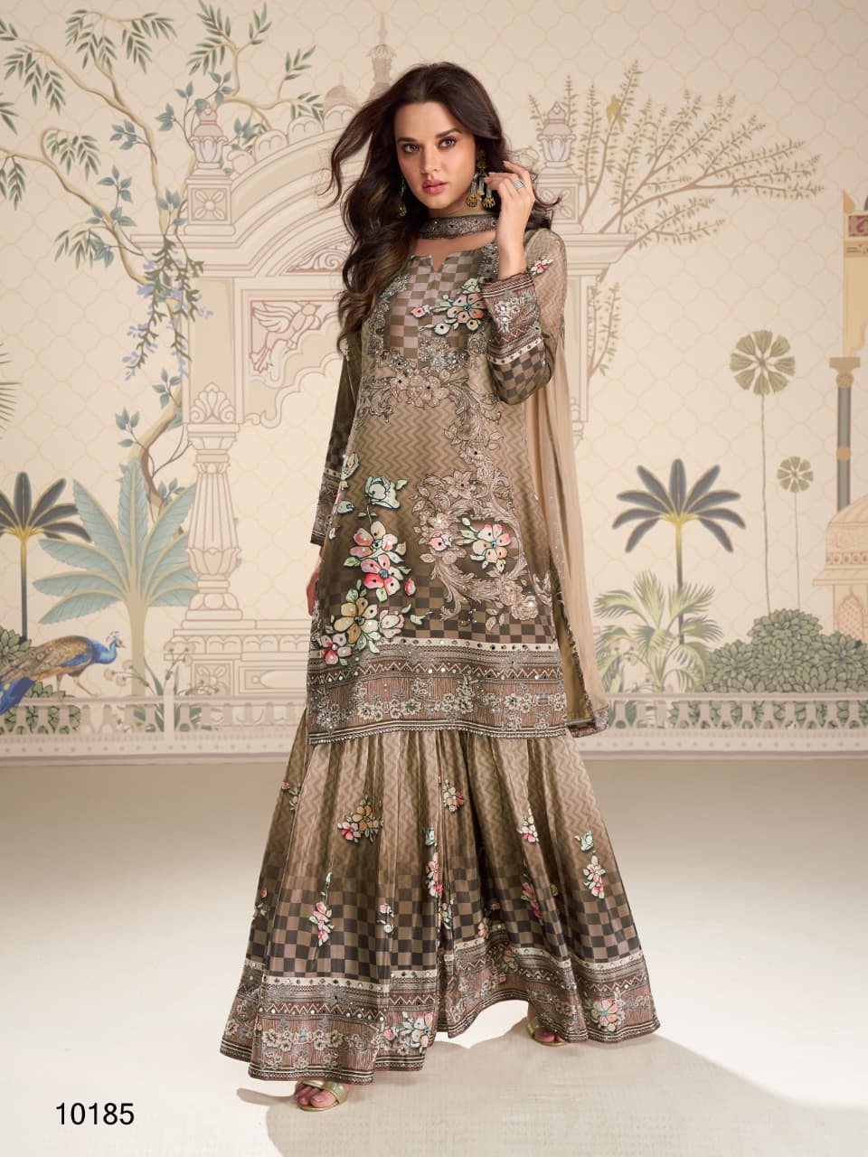 Aarshi Fashions Brown Heavy Crepe Digital Print Full Stitched Palazzo Suits | Grocsy