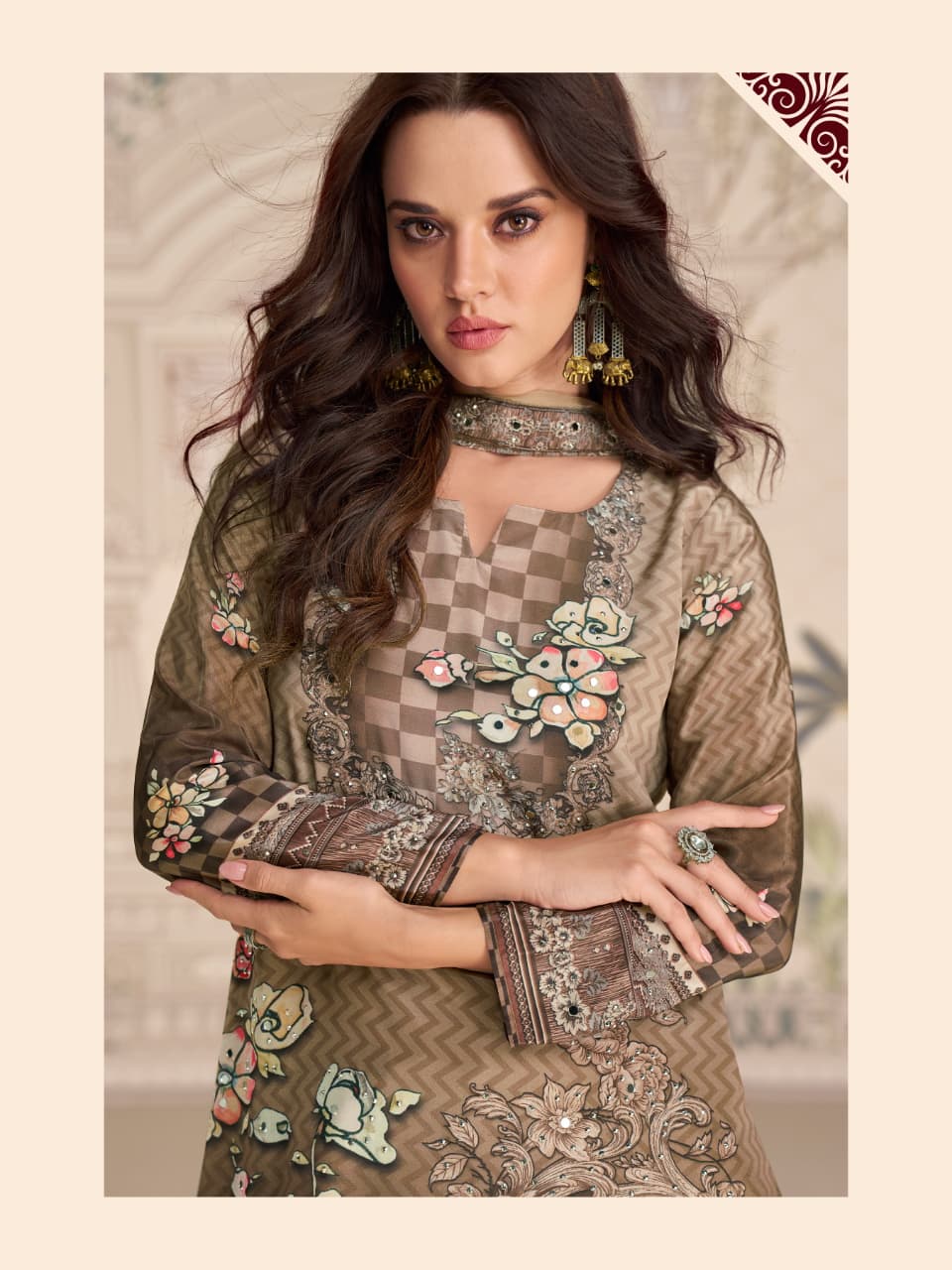 Aarshi Fashions Brown Heavy Crepe Digital Print Full Stitched Palazzo Suits | Grocsy