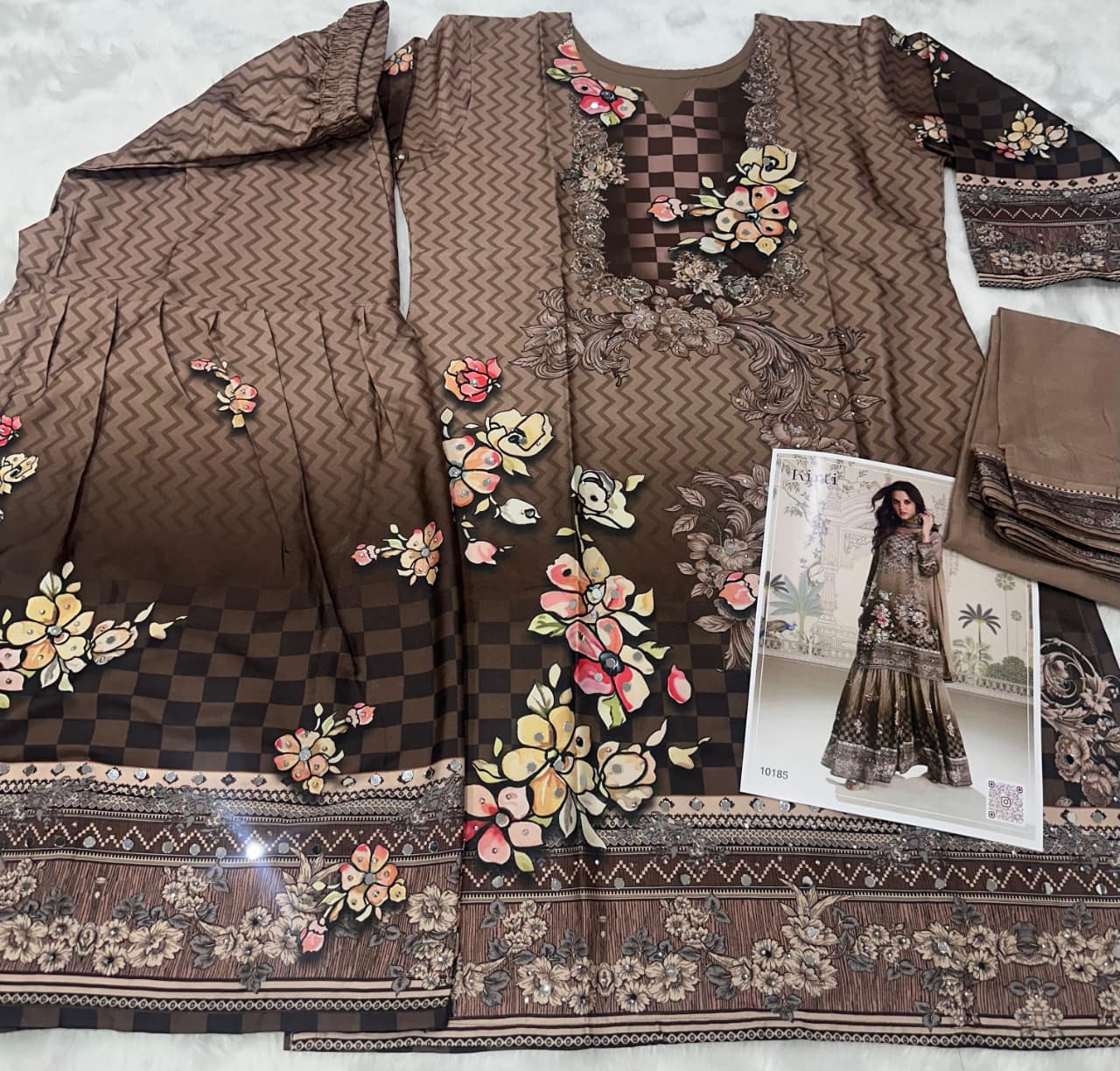 Aarshi Fashions Brown Heavy Crepe Digital Print Full Stitched Palazzo Suits | Grocsy