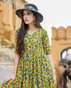 Designer Partywear Printed Yellow Pure Maslin Gown - Anbazaar | Grocsy