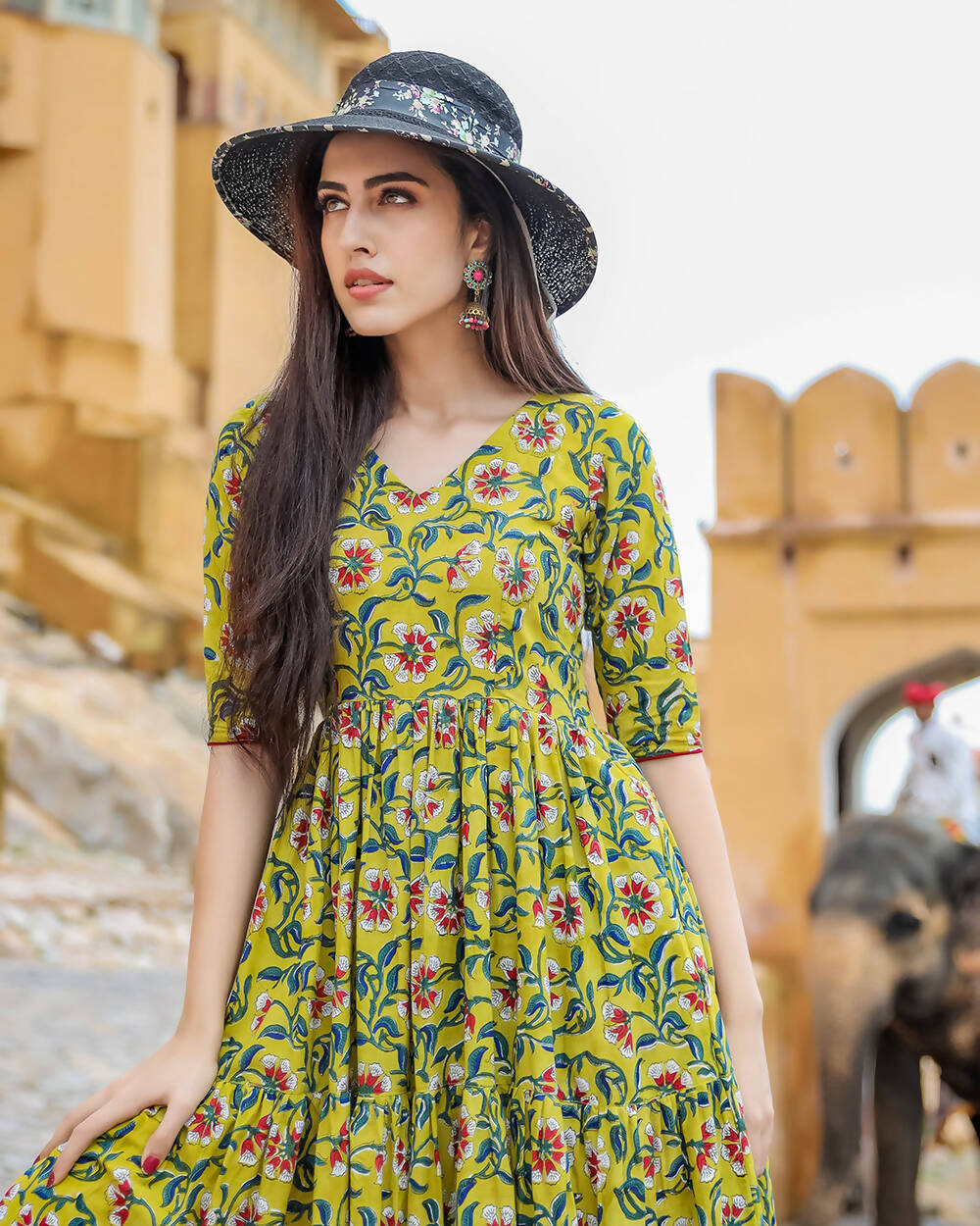 Designer Partywear Printed Yellow Pure Maslin Gown - Anbazaar | Grocsy
