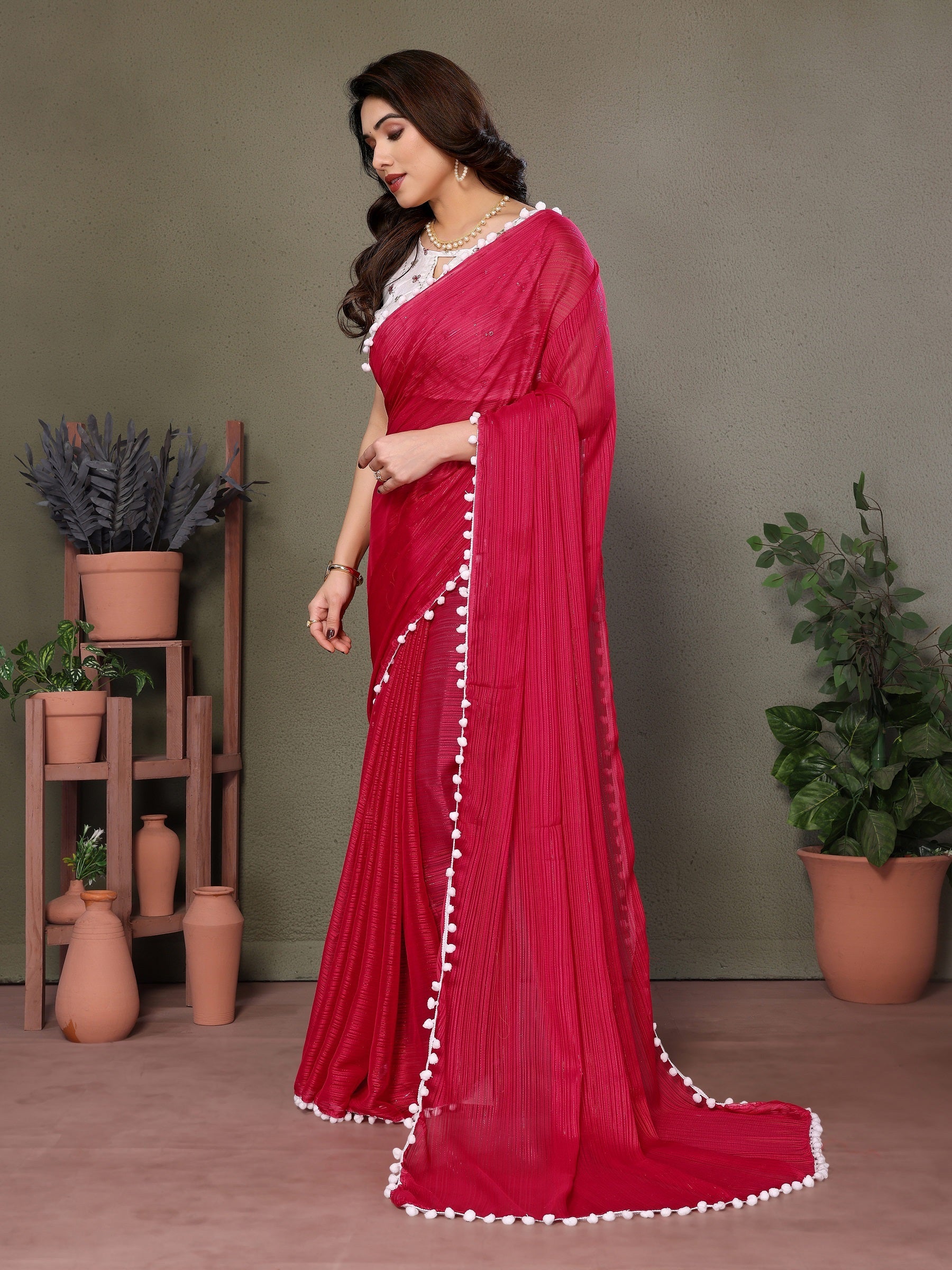 Vedant Vastram Poly Silk Embroidery Work Fancy Saree - Pink | Grocsy