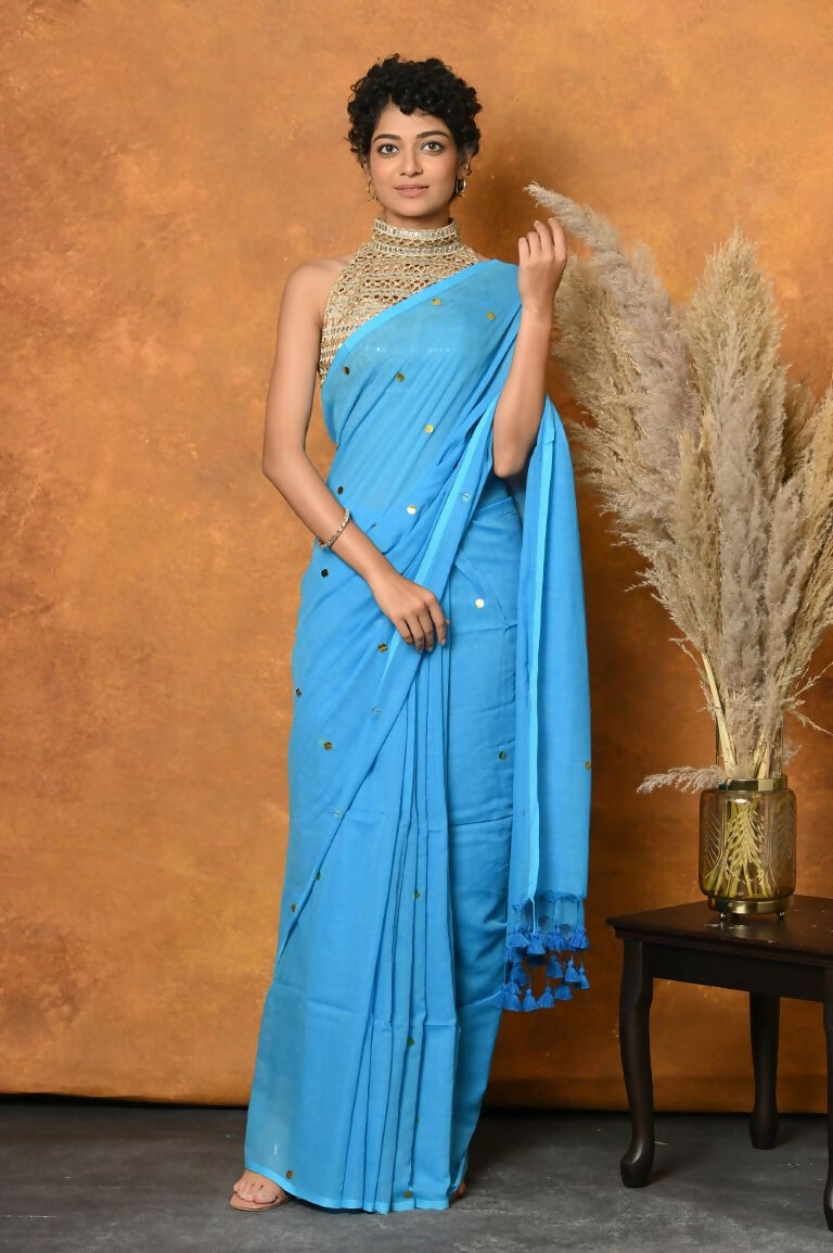 Very Much Indian Pure Mul Cotton Handloom Saree - Sky Blue | Grocsy