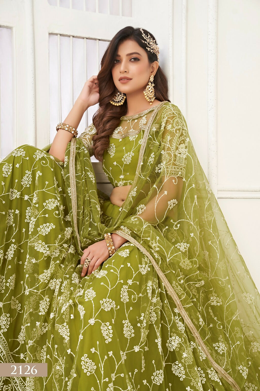 Eilara Women'S Olive Green Butterfly Net Embroidered Thread Work Party Wear Lehenga Choli | Grocsy