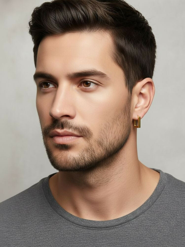 NVR Men's Gold Plated Geomatric Shaped Hoop Earrings | Grocsy