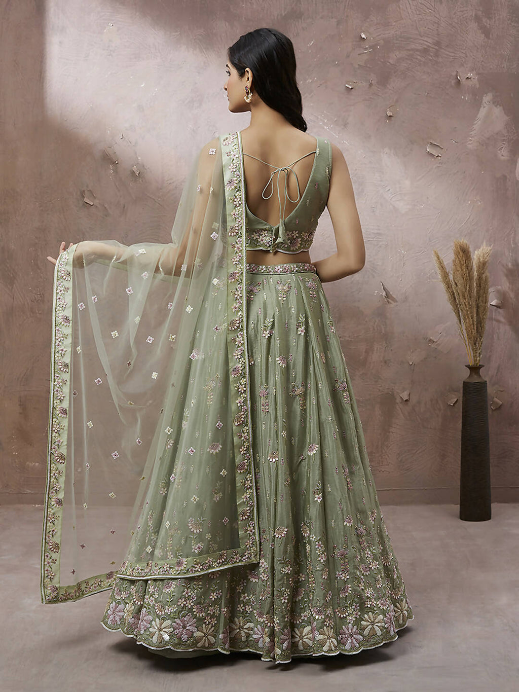 House of Panchhi Lime Green Pure Georgette Sequins with heavy Zarkan embroidery Lehenga choli & Dupatta | Grocsy