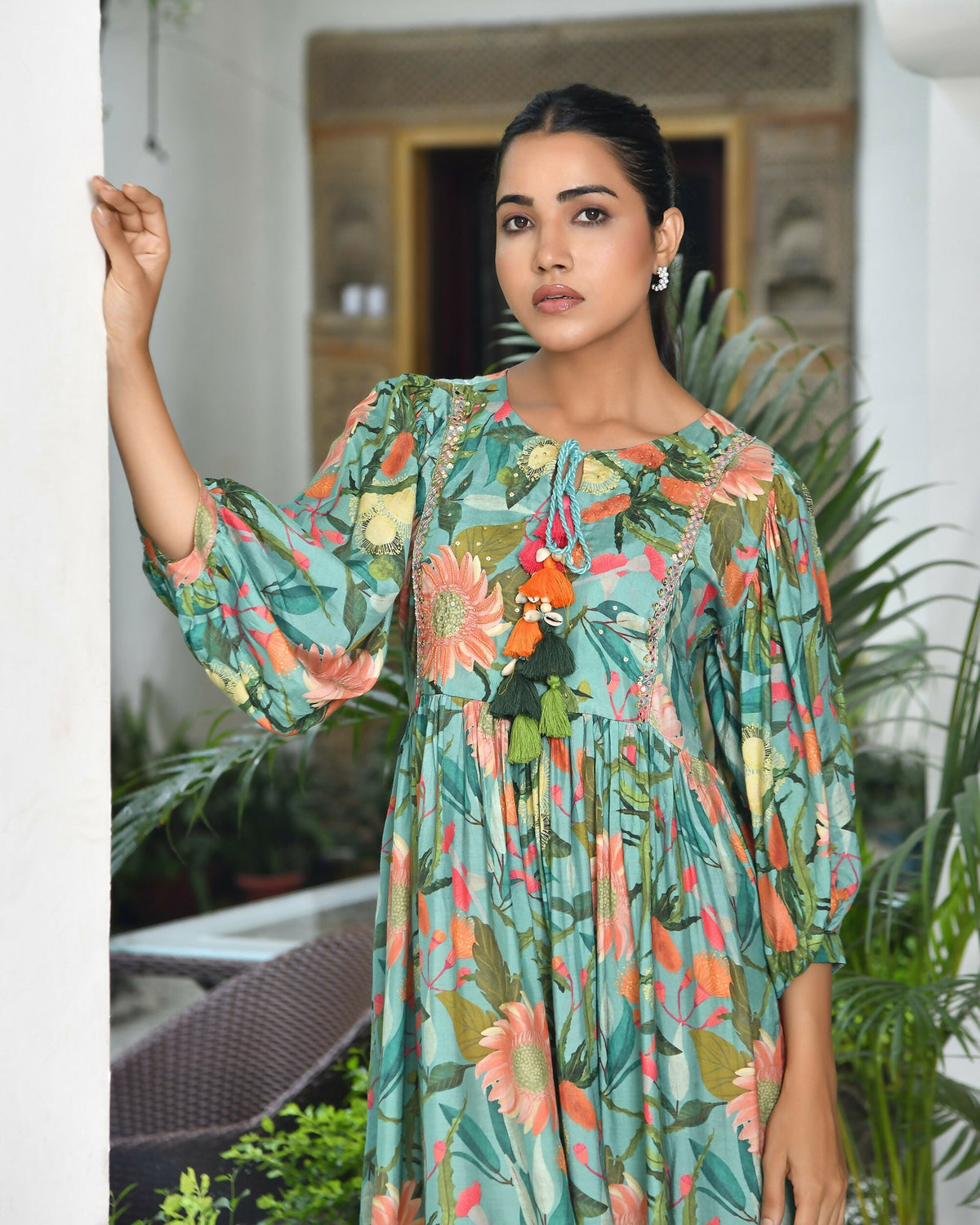Vaasva Women's Teal Musline Viscose Digital Printed Dress | Grocsy