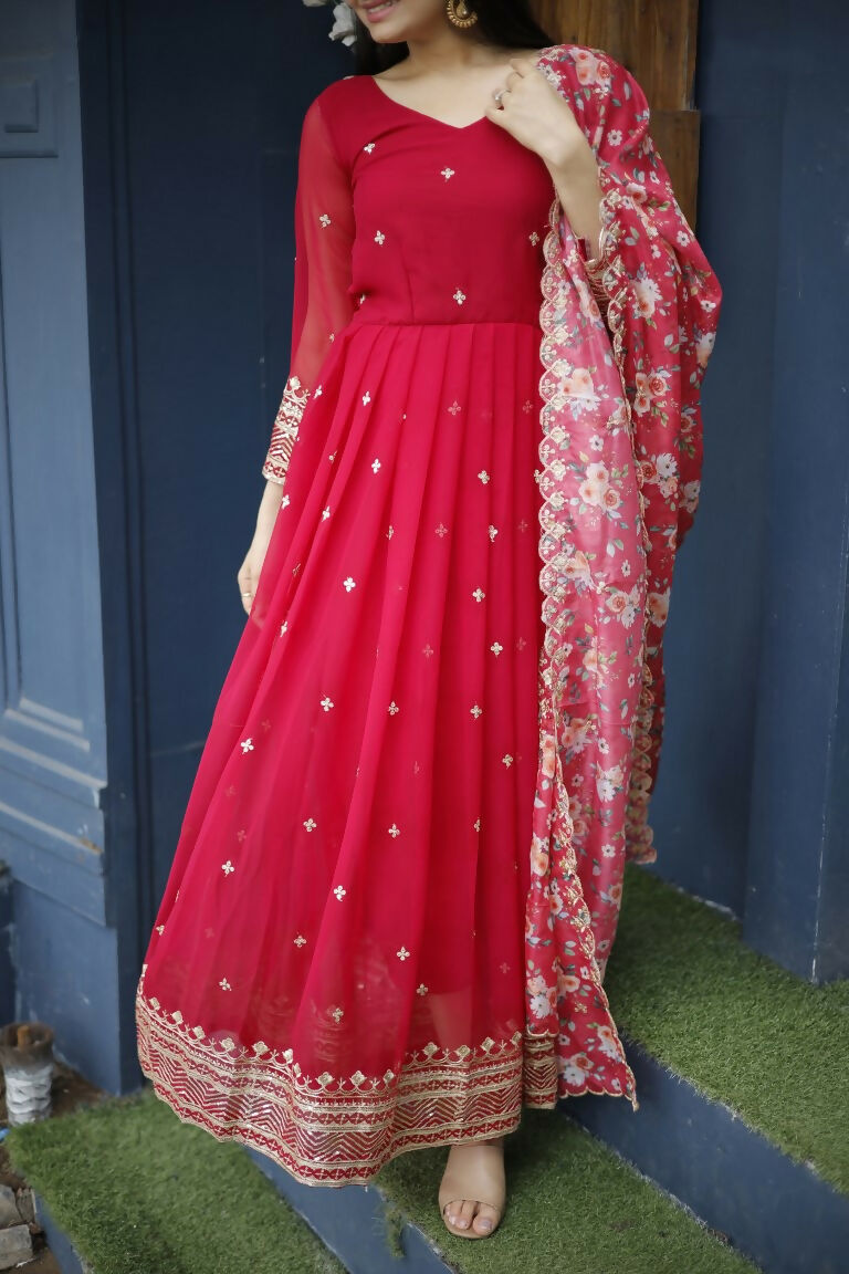 Jyoti Fashion Women's Red Faux Blooming Sequins with Zari Embroidery Anarkali Dress with Dupatta | Grocsy