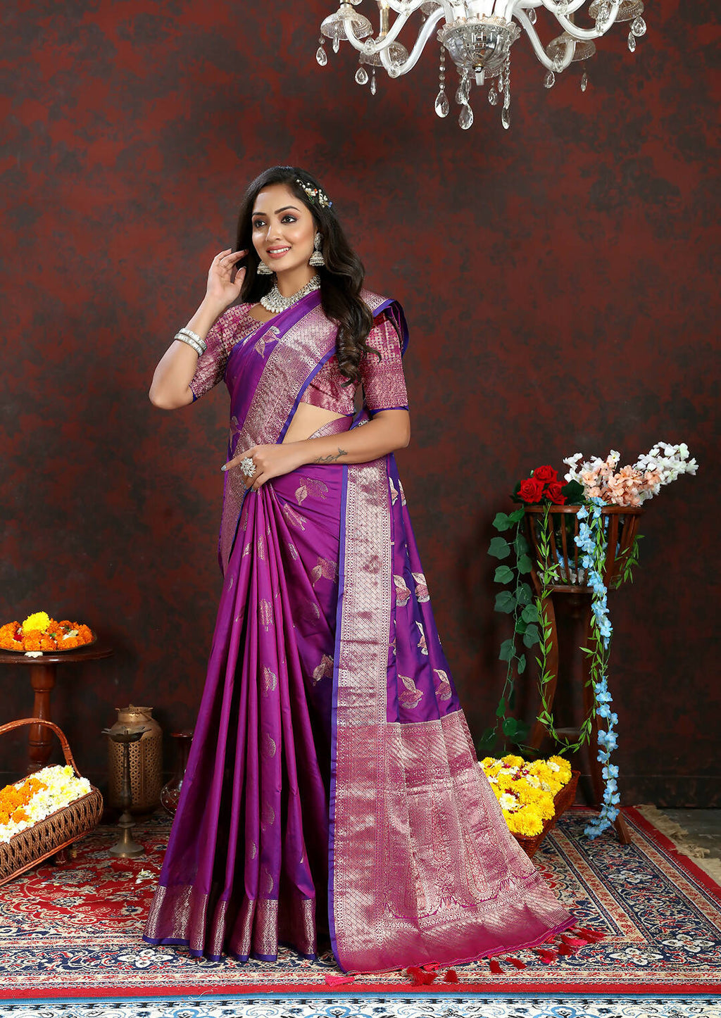 Lorenvalley Fashion Purple Soft Silk Woven Design Zari Weaving Saree | Grocsy