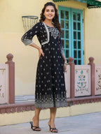 Juniper Women's Black Printed Anarkali Flared Dress | Grocsy