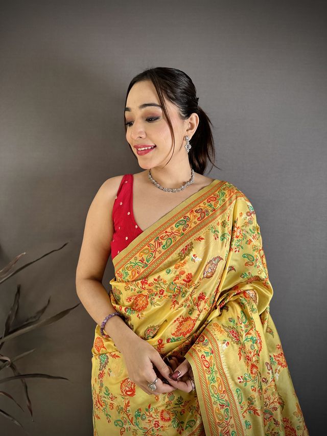 Elora Yellow Pashmina Silk  Floral & Leaf Elements Madhubani Design Kashmiri Saree | Grocsy