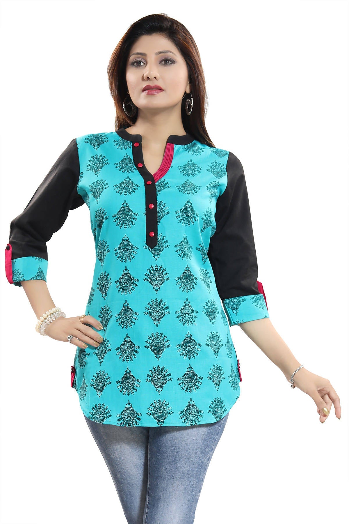 Snehal Creations Luscious Light Rama Cotton Printed Tunic Top With Roll On Sleeves | Grocsy