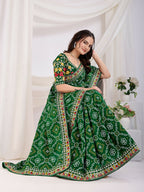 Green Vichitra Silk Bandhani Printed, Embroidery Work Saree - Ditya | Grocsy