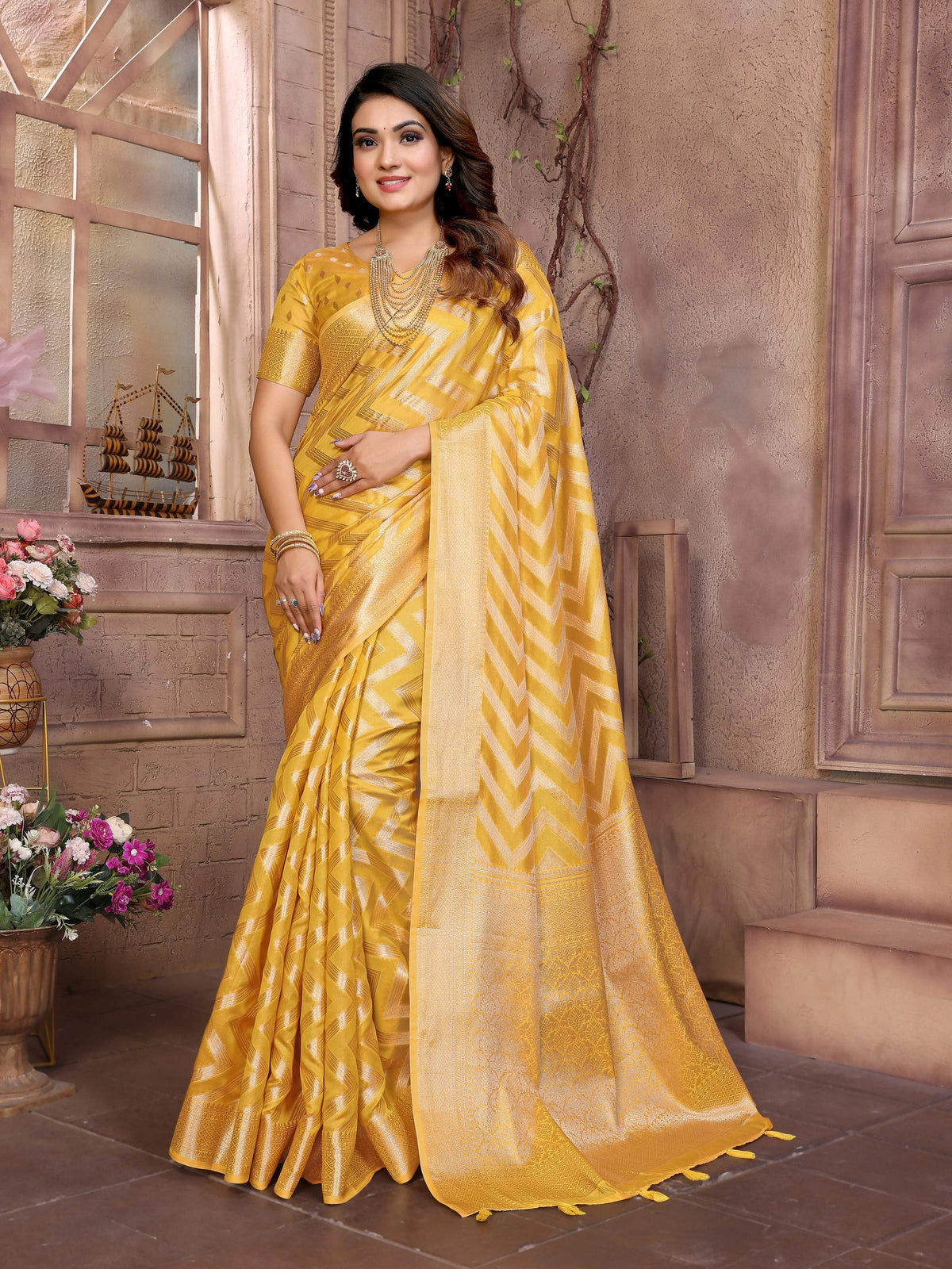 Aastha Fashion Yellow Soft Organza Silk Weaving Saree | Grocsy
