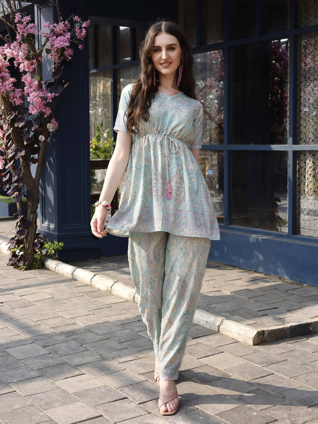 Sky Blue Rayon Paisley & Floral Printed Top with Matching Bottom - Eesha | Grocsy