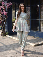 Sky Blue Rayon Paisley & Floral Printed Top with Matching Bottom - Eesha | Grocsy