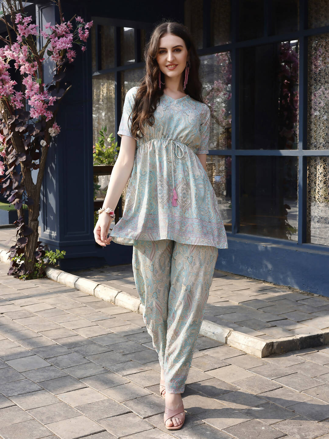 Sky Blue Rayon Paisley & Floral Printed Top with Matching Bottom - Eesha | Grocsy