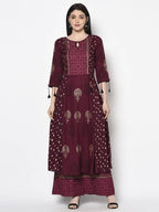 Aniyah Rayon Wine Color Block Print Flared Slip-On Palazzo (AN-173K) | Grocsy
