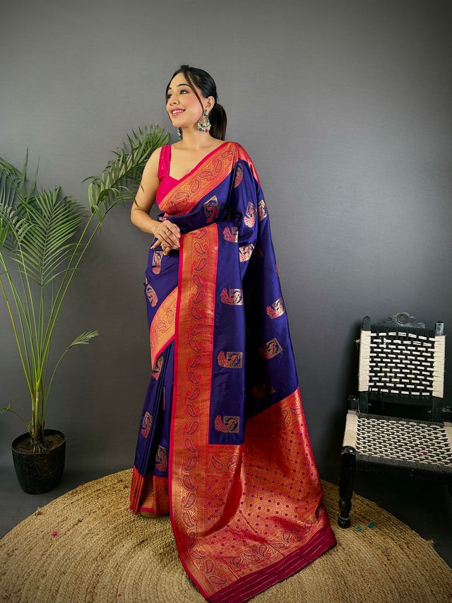 Elora Dark Blue Soft Silk Peacock Pattern Zari Weaving Contrast Border Banarasi Saree | Grocsy