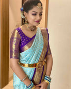 DEIANA'S Beautiful Designer Golden zari Soft Lichi Silk Saree - Sky | Grocsy