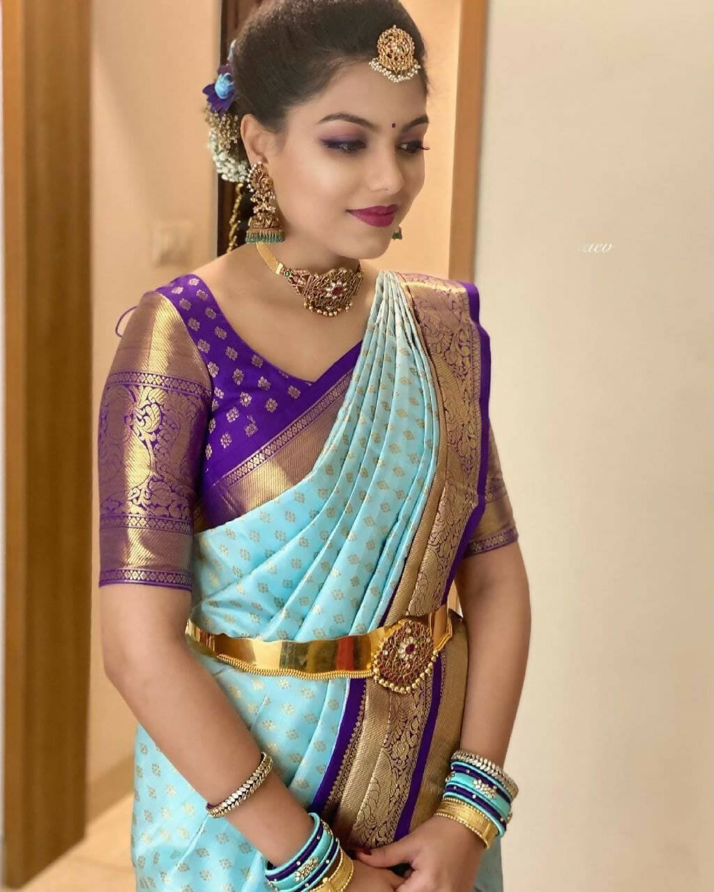 DEIANA'S Beautiful Designer Golden zari Soft Lichi Silk Saree - Sky | Grocsy