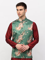 Jompers Men's Green Printed Nehru Jacket | Grocsy