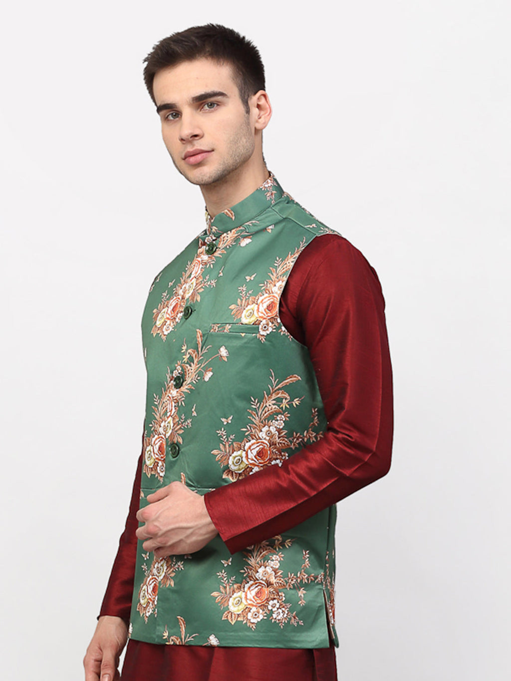 Jompers Men's Green Printed Nehru Jacket | Grocsy