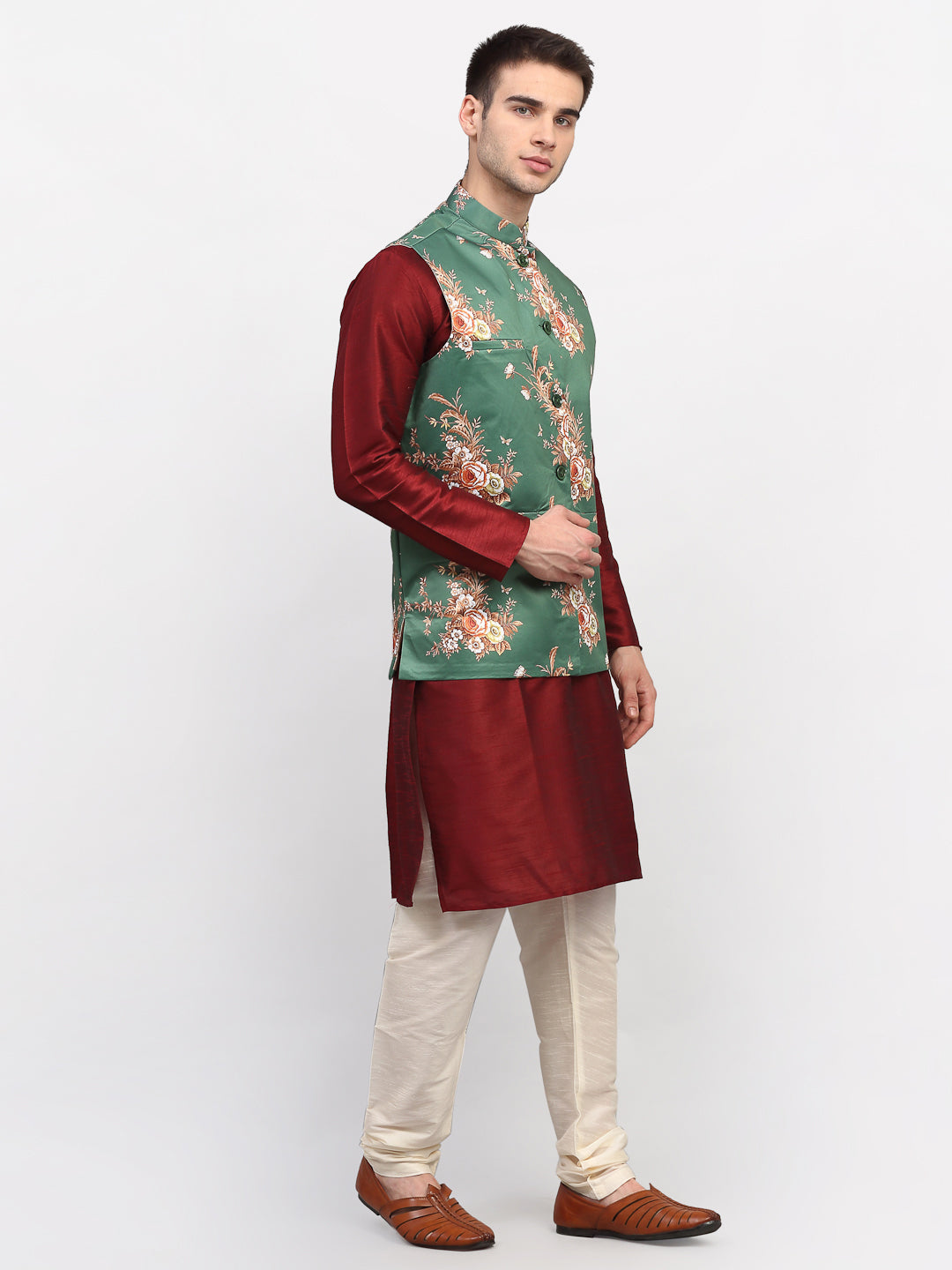 Jompers Men's Green Printed Nehru Jacket | Grocsy