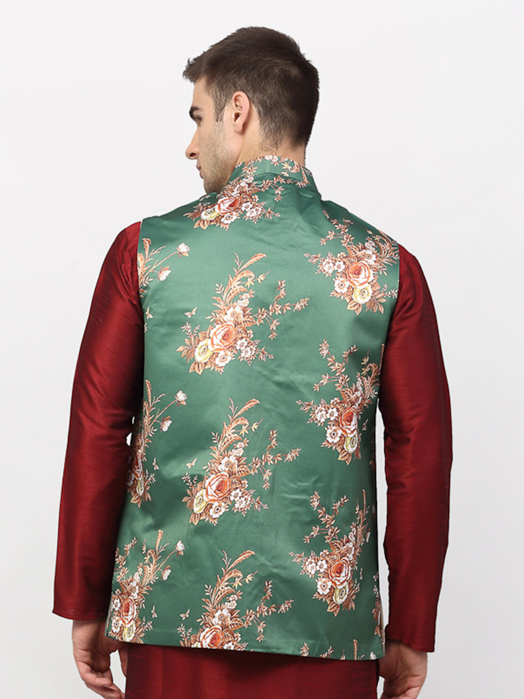Jompers Men's Green Printed Nehru Jacket | Grocsy